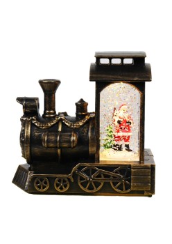Decoratiune de Craciun tip Locomotiva, Flippy, Glob de Cristal cu Fulgi de Zapada, Model Mos Craciun, Iluminare LED, 11.5 x 12.5 x 6 cm, Carcasa Vintage Bronze, Transparent
