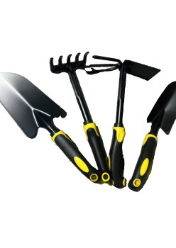Set 4 Unelte Grădină Plantare și Îngrijire, PVC + Oțel Carbon, Greblă, Săpăligă Dublă, Lopată Mica, Lopată Lată, 43 x 11 cm, Negru/Galben