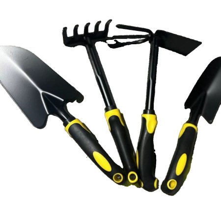 Set 4 Unelte Grădină Plantare și Îngrijire, PVC + Oțel Carbon, Greblă, Săpăligă Dublă, Lopată Mica, Lopată Lată, 43 x 11 cm, Negru/Galben