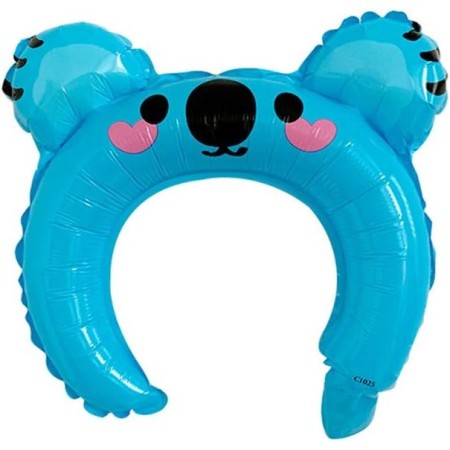 Balon din Folie Metalizata, Flippy, Tip Coronita cu Urechi, Model Koala, Ambalaj Individual, Pai Inclus, Umflare cu Aer sau Heliu, 26.5 x 28 cm, Albastru