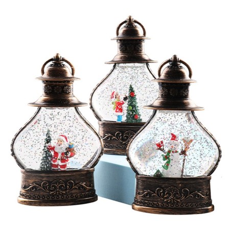 Decoratiune de Craciun tip Felinar, Flippy, Glob de Cristal cu Fulgi de Zapada, Model Mos Craciun, Ornamentat cu Luminite Interioare, 14.5 x 9 x 3 cm, Rama Neagra, Transparent