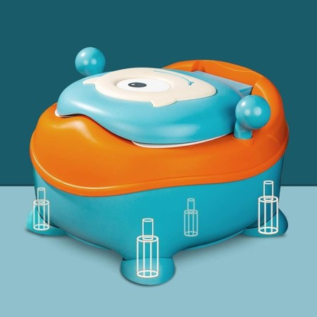 Olita pentru Copii, Flippy, +6 luni, Compartiment Detasabil, cu Capac, Antiderapanta, din Plastic, Colac Moale, Model Animat Ciclop, cu Maner, 33 x 21 x 45 cm, Albastru/Portocaliu