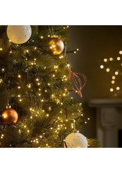 Instalatie de Craciun cu beculet in 6 colturi liniara, controler, 24 m din care 1 m cablu priza 220V, 300 LED, 8 jocuri de lumini, fir negru, alb cald
