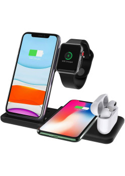 Incarcator Wireless FastCharge Flippy 4 In 1, design pliabil, 15W, Compatibil Apple Watch, Airpods, iPhone, Android, Samsung, Huawei, Xiaomi, Oppo, Negru
