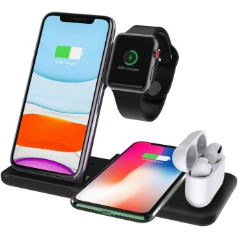 Incarcator Wireless FastCharge Flippy 4 In 1, design pliabil, 15W, Compatibil Apple Watch, Airpods, iPhone, Android, Samsung, Huawei, Xiaomi, Oppo, Negru