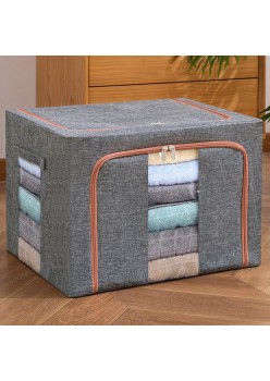 Cutie de Depozitare Pliabilă, 100L, Textil cu Cadru Metalic, Fermoar Dublu, 60x42x40 cm, Gri