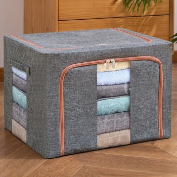 Cutie de Depozitare Pliabilă, 100L, Textil cu Cadru Metalic, Fermoar Dublu, 60x42x40 cm, Gri