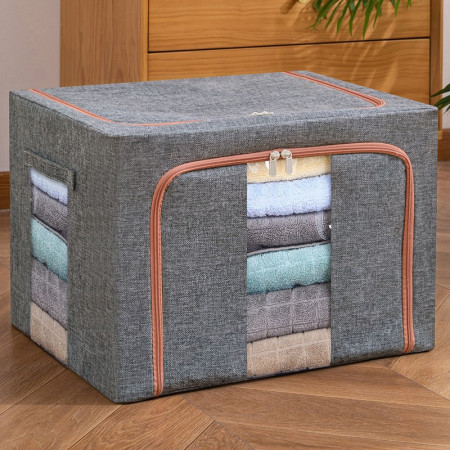 Cutie de Depozitare Pliabilă, 100L, Textil cu Cadru Metalic, Fermoar Dublu, 60x42x40 cm, Gri