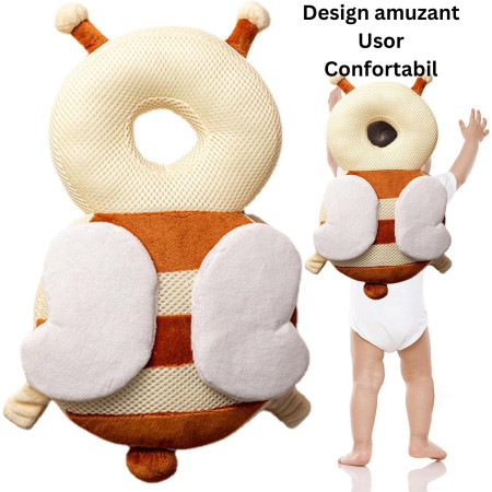 Pernă Rucsac BabyBee, Protecție pentru Cap, Tetieră cu Design Aerisit, Model Albinuță, 33x6x19 cm, 180 g, Maro/Bej