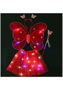 Costum fluturas fairy dress cu aripi modelabile luminoase pentru copii, fusta din tul cu lumini, 4 piese, bumbac/poliester, Rosu