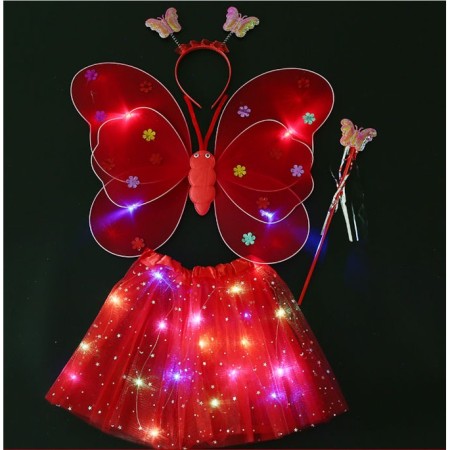 Costum fluturas fairy dress cu aripi modelabile luminoase pentru copii, fusta din tul cu lumini, 4 piese, bumbac/poliester, Rosu