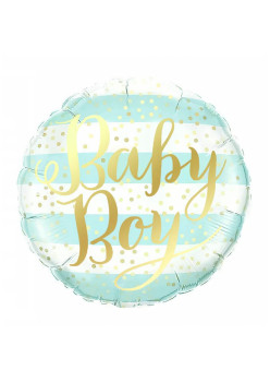 Balon din Folie Metalizata, Flippy, Figurina Cerc, Model Baby Boy, Tematica Gender Reveal, 45 cm, Ambalaj Individual, Pai Inclus, Umflare cu Aer sau Heliu, Albastru