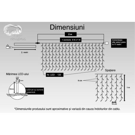 Instalatie Craciun, Tip Perdea, IP44, 2 m x 1 m, 120 LED-uri, Albastru, cu flash, Transformator, Interconectabila, Prelungitor 5 m inclus, Fir transparent, Interior/ Exterior, Flippy