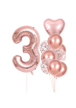 Set 10 Baloane Folie si Latex, Flippy, Tematica Aniversare, Baloane Latex 25cm, Figurina Inimioara 45 cm, Cifra 3 de 81 cm, Ambalaj Individual, Pai Inclus, Umflare cu Aer sau Heliu, Roz Pal