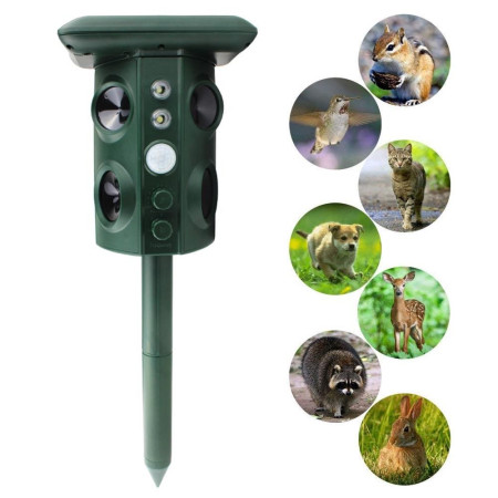 Aparat Solar LED cu Ultrasunete și Vibrații, Repelent Animale Mari și Mici, Senzor PIR, Lumini Roșii, Frecvență 13.5-45.5 KHz, IP54, USB & Solar, 15.5x15.4x26.2 cm, Verde