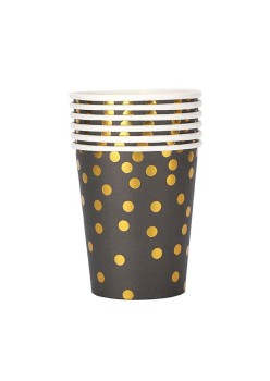 Set 10 Pahare, Flippy, Imprimeu cu Buline, din Carton, 250 ml, 7.5 x 8.5 x 5.2 cm, Negru/Auriu