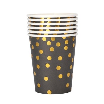 Set 10 Pahare, Flippy, Imprimeu cu Buline, din Carton, 250 ml, 7.5 x 8.5 x 5.2 cm, Negru/Auriu