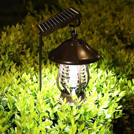 Lampa solara pentru gradina, anti-insecte, tantari, muste, UV, LED, material ABS, putere 5W, 1.2 V, autonomie 8 ore, 2 moduri de functionare, IP65, electric shock 380 volti, 30 x 19.5 cm, maro
