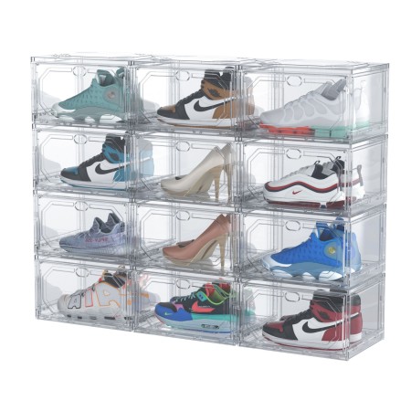 Organizator de Pantofi, Flippy, din PP+ABS, Usa Laterala Magnetica, Rezistenta la Praf, Anti-Oxidare, Utilizare Multipla, 36 x 28 x 21 cm, Transparent