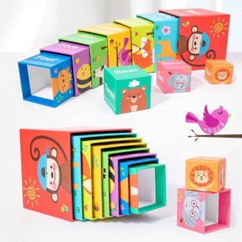 Set Jucarii pentru copii, Flippy, 10 cutii de stivuire, 3 ani, turn interactiv pentru copii, Model Animalute, Multicolor