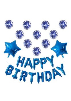 Set 12 Baloane si 1, Set pentru Aniversare, mesaj Happy Birthday, din folie de aluminiu, 30 -45 cm, Cu paiete, latex si folie, Albastru