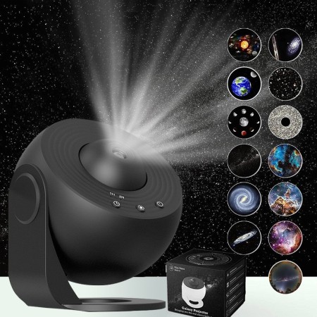 Lampa Tip Proiector Galaxie, Flippy, pentru Dormitor, Tematica Cer Instelat, Model Glob, HD, Rotire 360 de Grade, 13 Imagini, Incarcare USB, 5 W, 11.2x10.8x10.9 cm, Negru