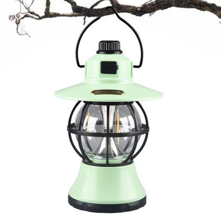 Lampă Camping Retro Portabilă, Felinar Vintage LED, 1200mAh, Reîncărcabilă USB, 3 Moduri de Iluminare, Intensitate Reglabilă, 5W, ABS, Mint, 20 cm