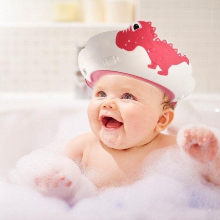 Viziera de Protectie Baie Pentru Copii, Fippy, Model Dinozaur, Dimensiune ajustabila, Durabil, Usor de curatat, Impotriva Samponului, pentru Ochi si Urechi, TPE+PP, 22x21 cm, Rosu