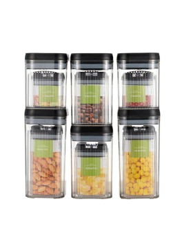 Cutii de Depozitare Alimente, Flippy, Set din 12 Cutii de tip Container, Recipiente pentru Cereale in Bucatarie,  Transparente cu Capac Negru