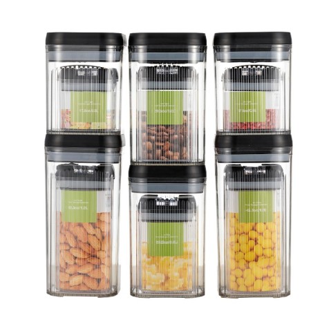 Cutii de Depozitare Alimente, Flippy, Set din 12 Cutii de tip Container, Recipiente pentru Cereale in Bucatarie,  Transparente cu Capac Negru