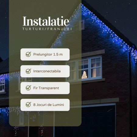 Instalatie Craciun Tip Franjuri/Turturi, 8 Jocuri de Lumini, Interconectabila, 7 m, 200 LED-uri, Prelungitor 1.5 m, Fir transparent, Albastru