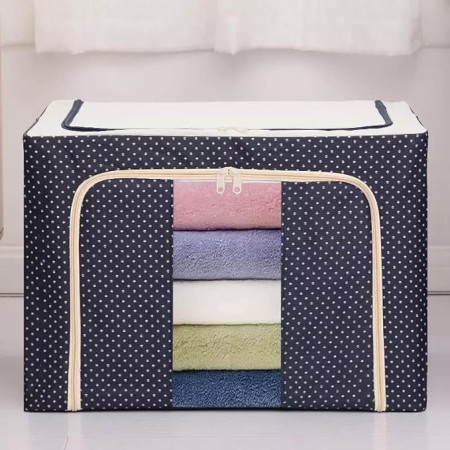 Cutie de Depozitare Pliabilă Premium, 66L, Pânză Oxford, Cadru Metalic, Fermoar Dublu, Ferestre Frontală și Laterală, Imprimeu Buline, 50x40x33 cm, Albastru Marin