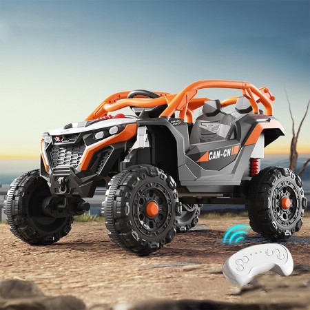 Masina Electrica pentru Copii, Flippy, Tip Buggy/UTV Off-Road Dual Drive, Conectare Bluetooth, Telecomanda, Lumina Intermitenta si Muzica, Baterie 380*2, 6V 7Ah, 97 x 62 x 58 cm, Portocaliu Negru