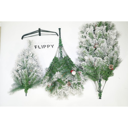 Brad artificial de Craciun nins, decorat cu conuri pin, pentru interior/exterior, inaltime 210 cm, diametru 131 cm, 630 ramuri, Flippy, alb/verde, suport metalic inclus