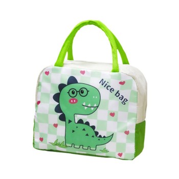Geanta Termoizolanta pentru Copii, Flippy, 23x13x19 cm, Model Imprimeu Dinozaur, din Folie de Aluminiu si Panza Oxford, Verde