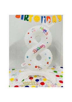 Balon din Folie Metalizata, Flippy, Figurina Cifra, Model 8 cu Happy Birthday Scris, Tema Aniversare 81 cm, Ambalaj Individual, Pai Inclus, Umflare cu Aer sau Heliu, Alb