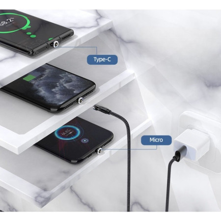 Cablu de incarcare magnetic 3 in 1 360 grade + 180 grade, 1 m, micro, type C, iPhone,  5 V, 2.1 A, Negru