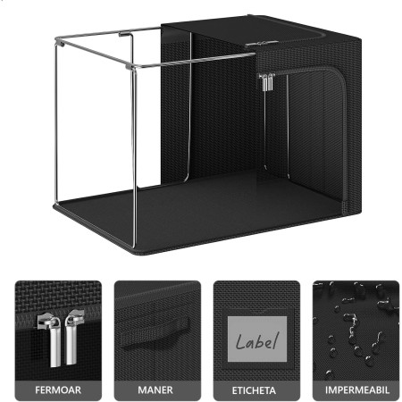 Cutie de Depozitare, Flippy, cu 3 Ferestre cu Fermoar Bidirectional, Cadru din Otel, Impermeabil, 38L, 42 x 30 x 30 cm, Negru
