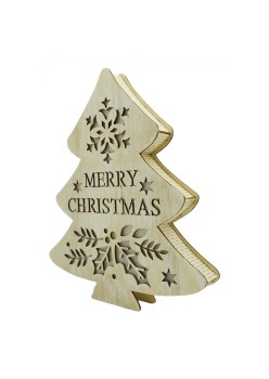 Decoratiune luminoasa, model de  Brad cu inscriptie Marry Christmas, alb, lungime: 19 cm, latime: 3 cm, inaltime: 22 cm, lemn, interior/exterior