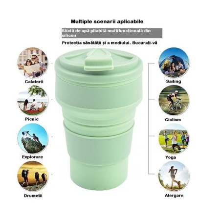 Pahar pliabil din silicon Flippy, pentru calatorii, camping, 350 ml,  8.2x6.3x9.1 cm, verde