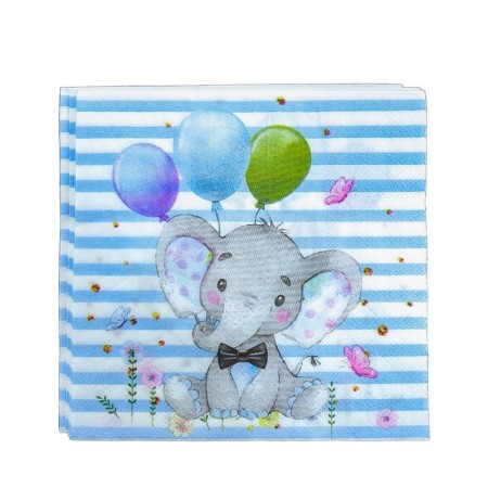 Set 20 de Servetele de Masa, Flippy, Imprimeu Elefant, din Hartie, 16.5 x 16.5 cm, Albastru
