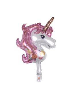 Balon din Folie Metalizata, Flippy, Figurina Unicorn, Tema Animalute, 30 cm, Ambalaj Individual, Pai Inclus, Umflare cu Aer sau Heliu, Roz