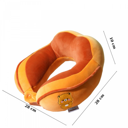 Pernă de Călătorie pentru Gât și Cap, Suport Ergonomic, Umplutură Moale din Bumbac, Model Brodat Urs, 28x28x10 cm, Portocaliu
