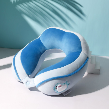 Pernă de Călătorie pentru Gât și Cap, Design Ergonomic, Umplutură Moale din Bumbac, Model Brodat Delfin, 28x28x10 cm, Albastru