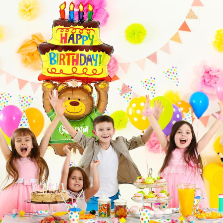 Balon din Folie Metalizata, Flippy, Figurine Animalute, Model Ursulet cu Tort Aniversar, 124x65 cm, Ambalaj Individual, Pai Inclus, Umflare cu Aer sau Heliu, Multicolor