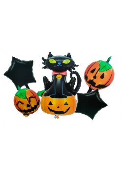 Set 5 Baloane din Folie Metalizata, Flippy, Figurine, Tema Halloween, Pai Inclus, Ambalaj Individual, Umflare cu Aer sau Heliu, Figurina Dovleac si Pisica 90x60 cm, Stelute si Cerculete 45 cm, Portocaliu-Negru