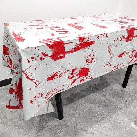 Fata de Masa, Flippy, din Folie, Imprimeu Halloween - Help Me, 137 x 274 cm, Alb/Rosu