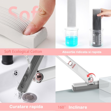 Mop de Mână Mini-Portabil, cu Burete Absorbant PVA și Sistem de Stoarcere, pentru Geamuri și Multisuprafețe, Alb