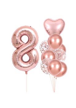 Set 10 Baloane Folie si Latex, Flippy, Tematica Aniversare, Baloane Latex 25cm, Figurina Inimioara 45 cm, Cifra 8 de 81 cm, Ambalaj Individual, Pai Inclus, Umflare cu Aer sau Heliu, Roz Pal