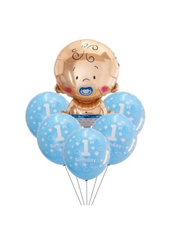 Set baloane pentru fetite, Flippy, FIRST ANIVERSARY, 5 latex 1 Birthday, 1 balon folie din aluminu baby boy, 71 cm, Albastru